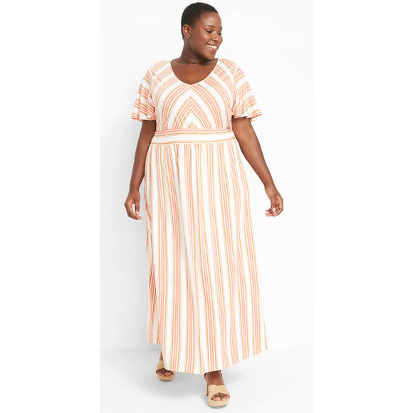 Lane Bryant Orange V-Neck Striped Flutter Sleeve Maxi Dress Womans Size 18/20 - Picture 1 of 5